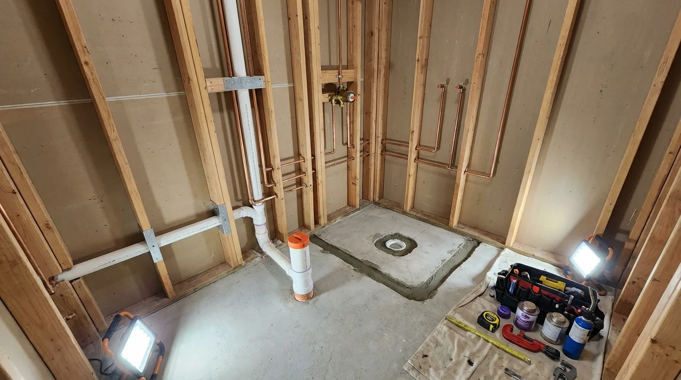 Bathroom rough-in plumbing during remodel by Johns Plumbing LLC in Depew