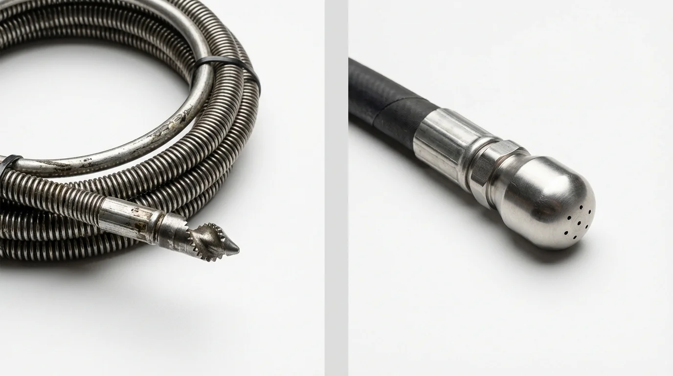 Drain snake cable and hydro jetting nozzle used for drain cleaning in Depew, NY