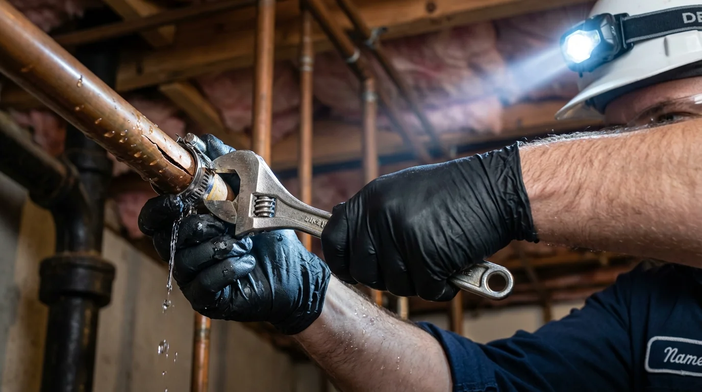 Emergency pipe clamp repair being performed by a Johns Plumbing LLC plumber in Depew
