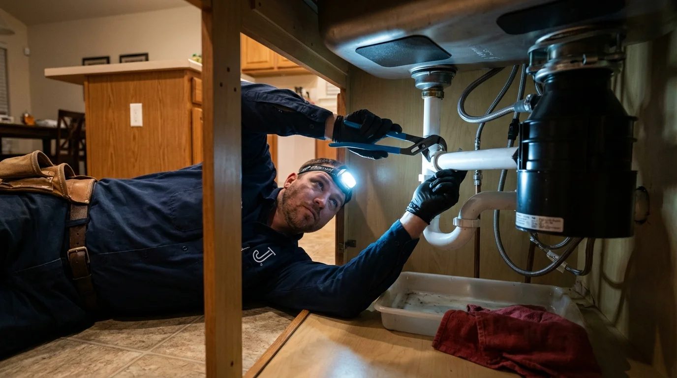 P-trap and supply line connections under a kitchen sink showing a common leak point in Depew, NY